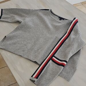 Gray Sweater with Striped Sleeve